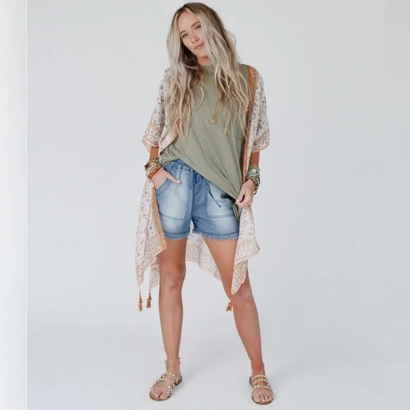 Camel Ditsy Floral Paisley Kimono Open Wrap Coverup Top One Size - Picture 3 of 5